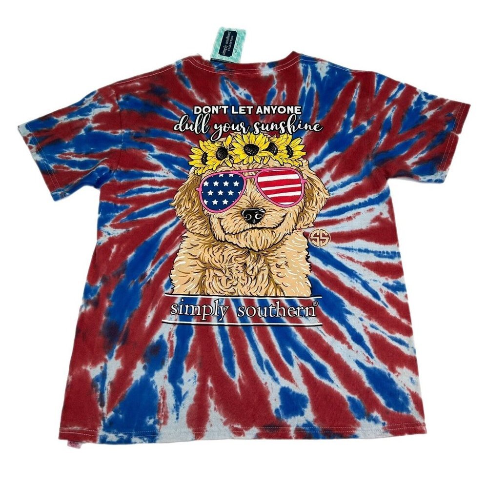 Simply Southern T-Shirt Kids Girls Size Youth Large Red White Blue Tie Dye Dog